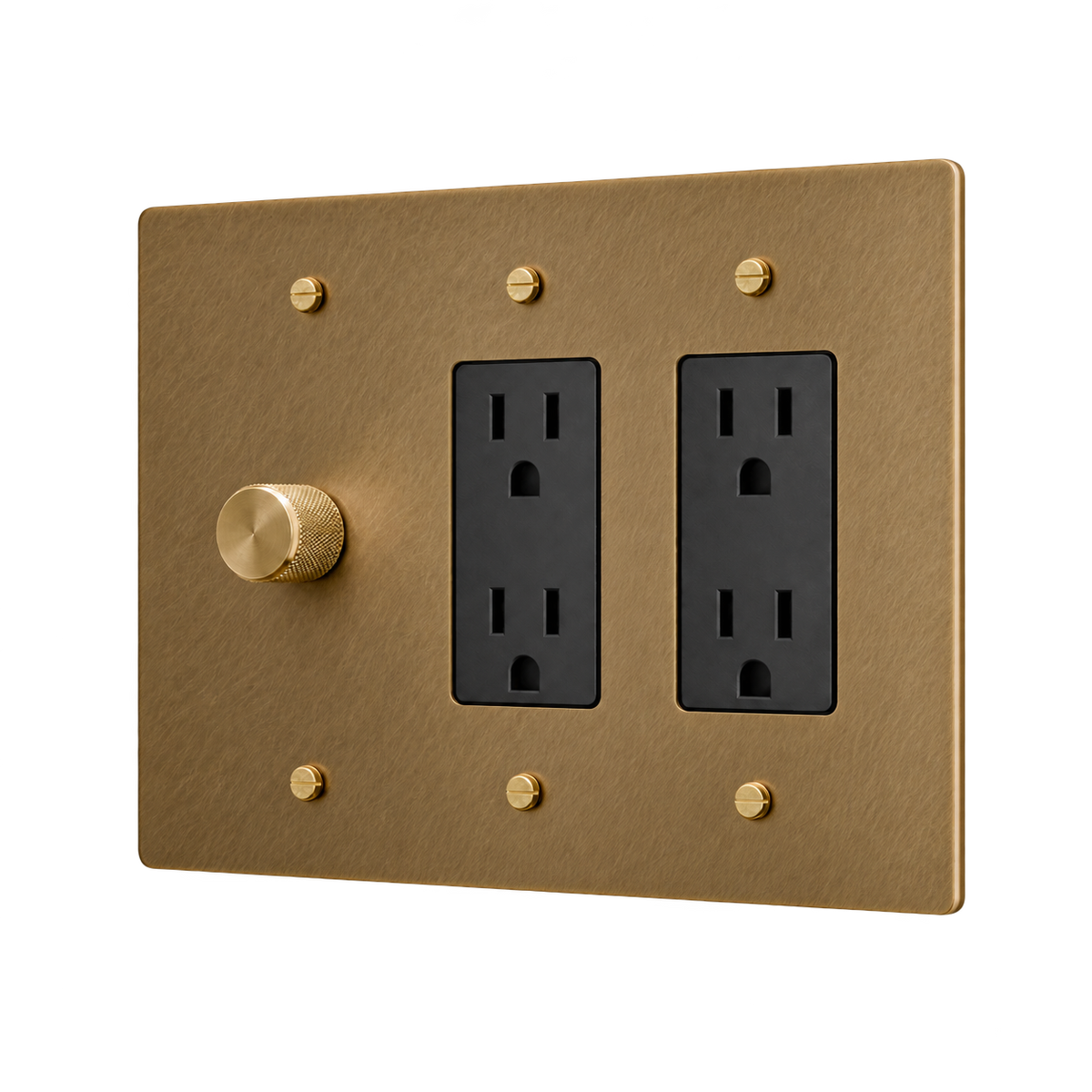 Brass Plate with Dimmer & 2 Duplex Outlets — 3-Gang — Unlacquered Antique Brass (Hand-Brushed)
