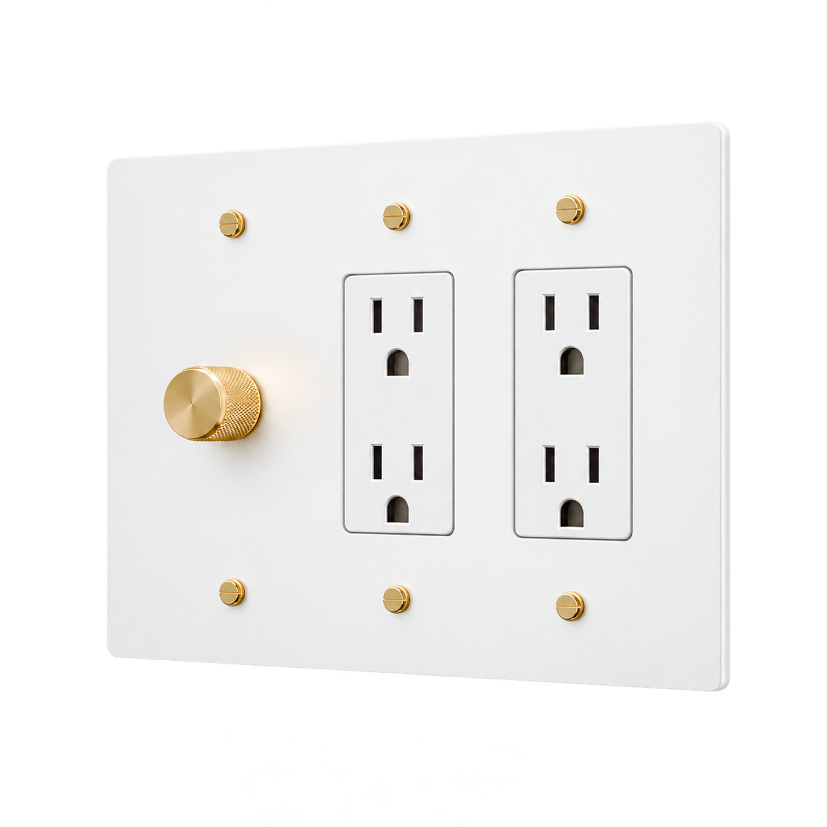 Brass Plate with Dimmer & 2 Duplex Outlets — 3-Gang — White