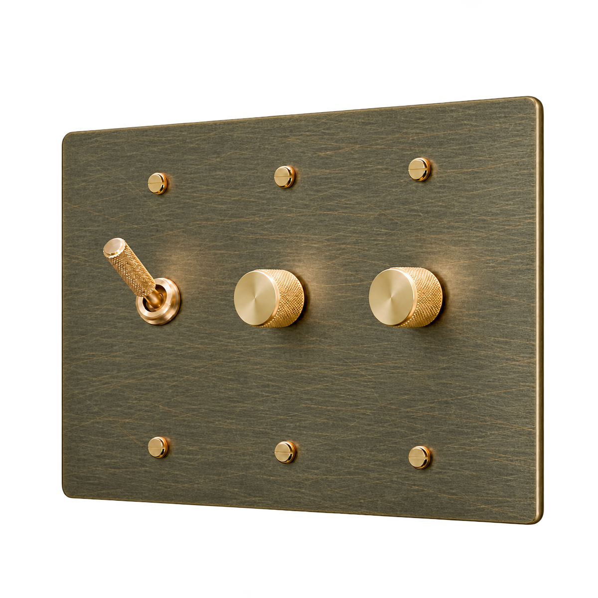Knurled Brass Toggle & 2 Dimmers Plate — 3-Gang — Aged Bronze (Hand-Brushed)
