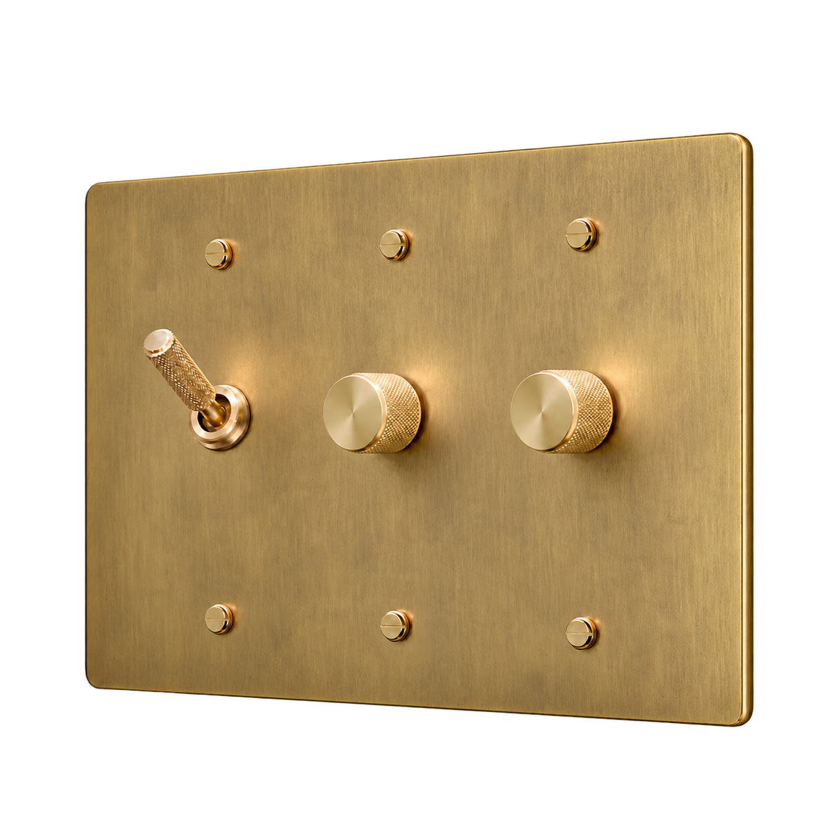 Knurled Brass Toggle & 2 Dimmers Plate — 3-Gang — Antique Brass (Hand-Brushed)