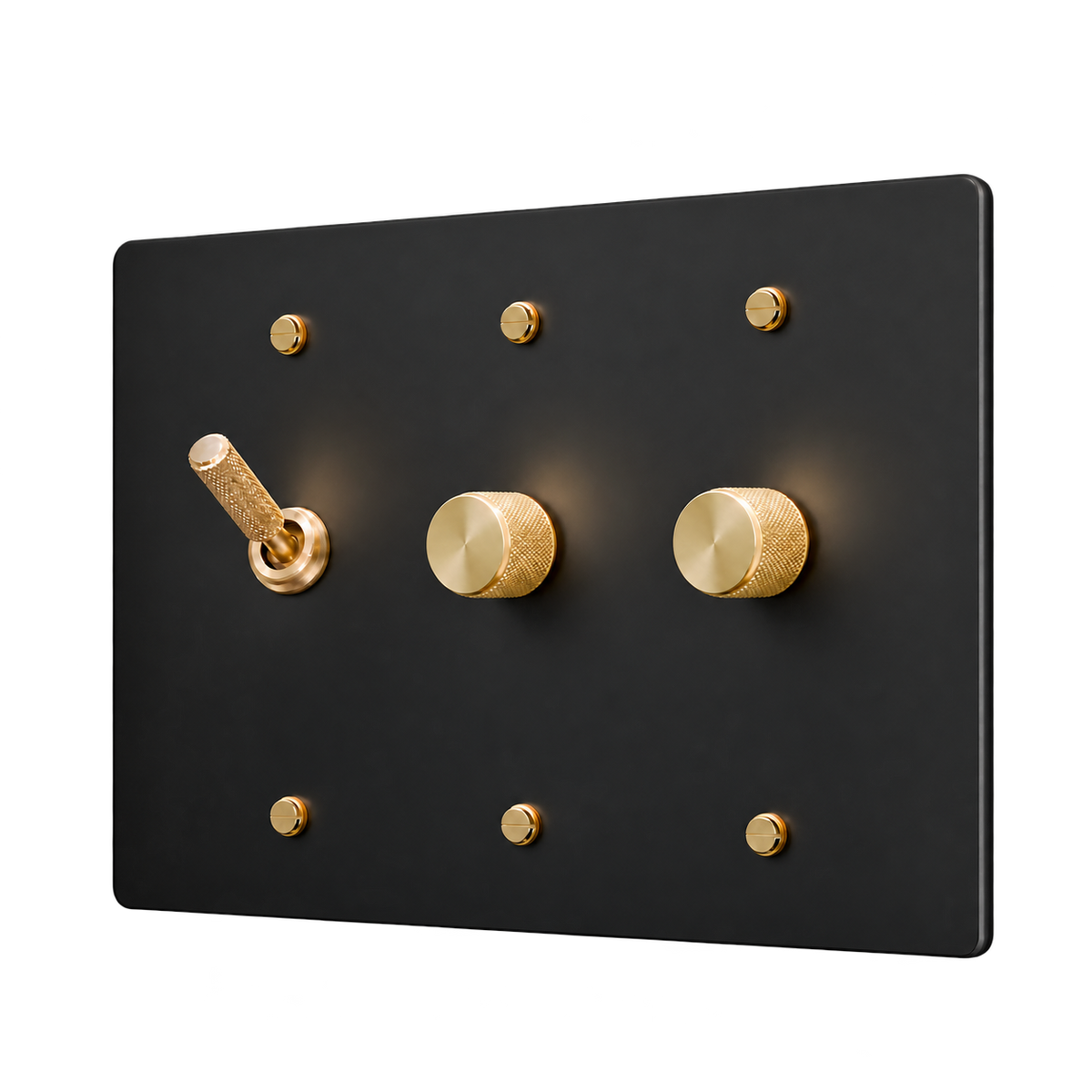 Knurled Brass Toggle & 2 Dimmers Plate — 3-Gang — Matte Black