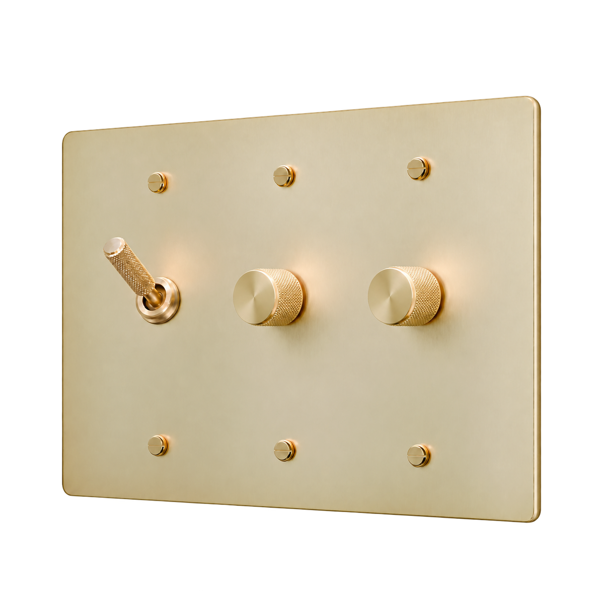 Knurled Brass Toggle & 2 Dimmers Plate — 3-Gang — Satin Brass