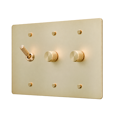 Knurled Brass Toggle & 2 Dimmers Plate — 3-Gang — Satin Brass