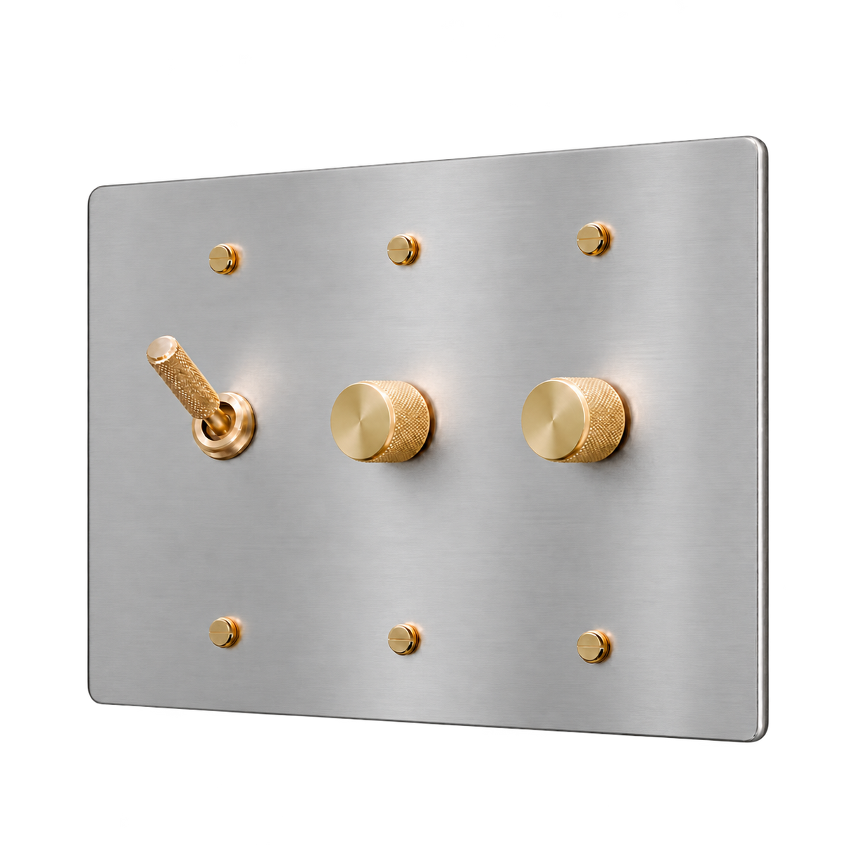 Knurled Brass Toggle & 2 Dimmers Plate — 3-Gang — Stainless Steel