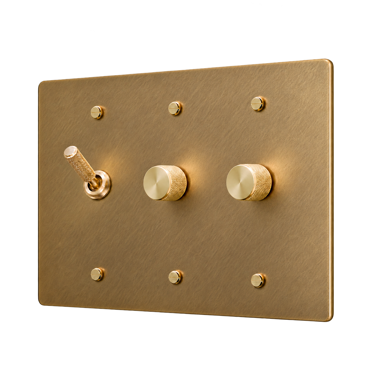 Knurled Brass Toggle & 2 Dimmers Plate — 3-Gang — Unlacquered Antique Brass (Hand-Brushed)