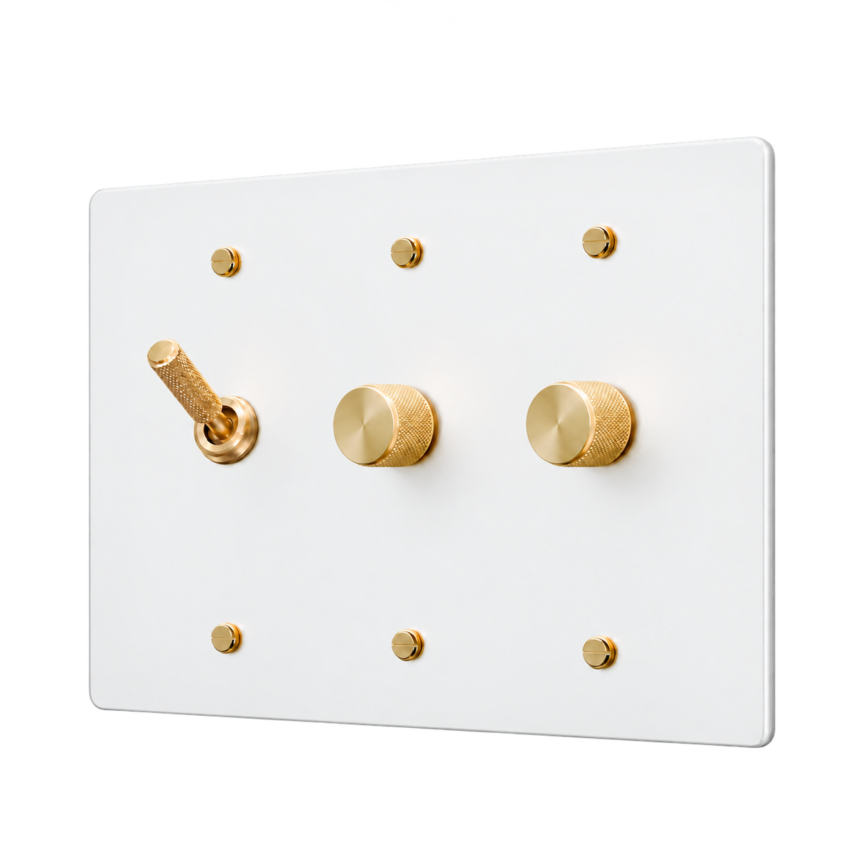 Knurled Brass Toggle & 2 Dimmers Plate — 3-Gang — White