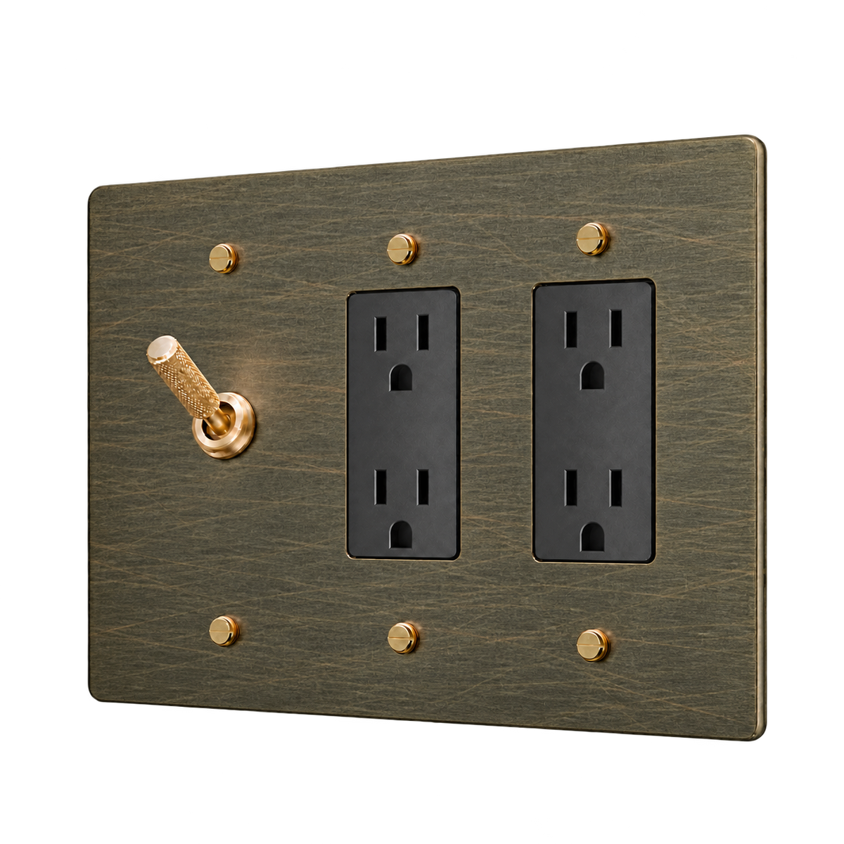 Knurled Brass Toggle & 2 Duplex Outlets Plate — 3-Gang — Aged Bronze (Hand-Brushed)