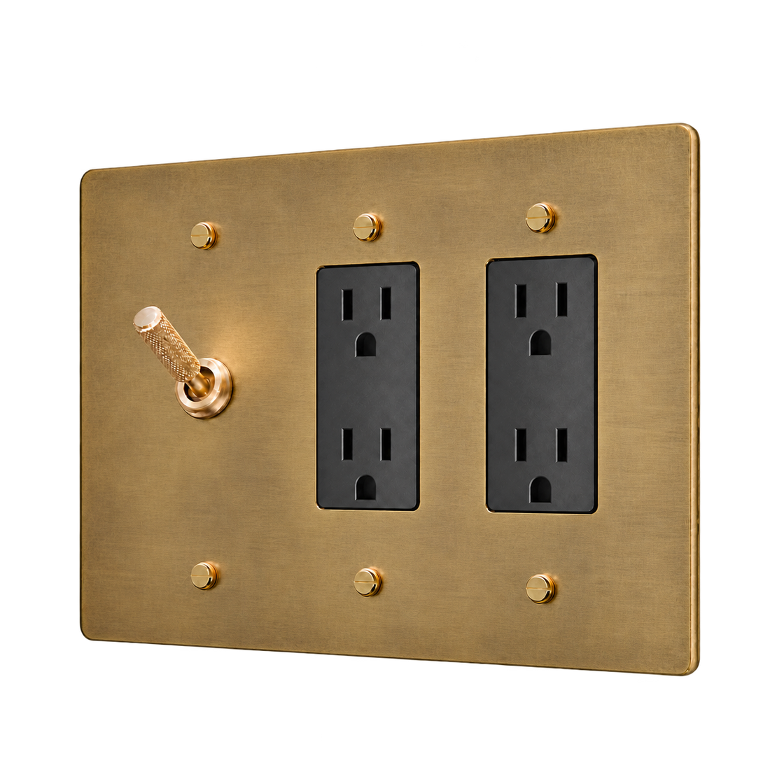 Knurled Brass Toggle & 2 Duplex Outlets Plate — 3-Gang — Satin Brass
