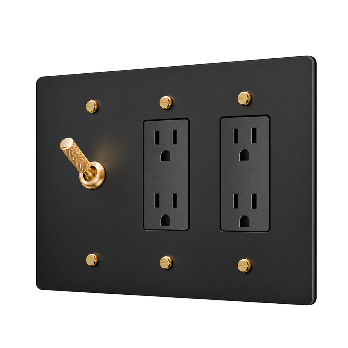 Knurled Brass Toggle & 2 Duplex Outlets Plate — 3-Gang — Matte Black