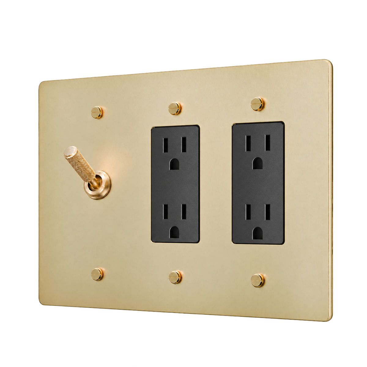Knurled Brass Toggle & 2 Duplex Outlets Plate — 3-Gang — Satin Brass