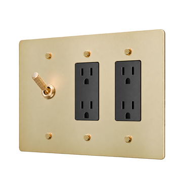 Knurled Brass Toggle & 2 Duplex Outlets Plate — 3-Gang — Satin Brass