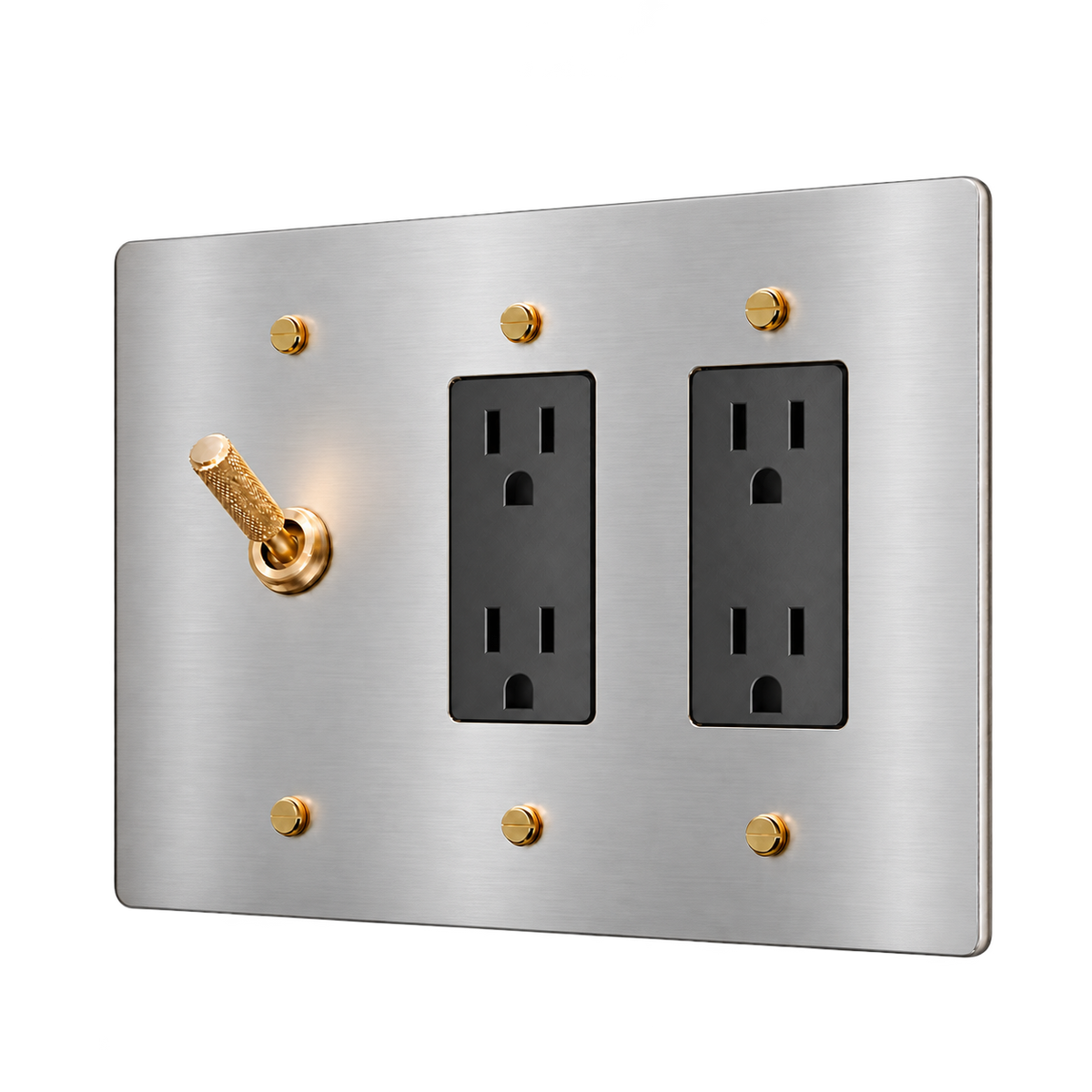 Knurled Brass Toggle & 2 Duplex Outlets Plate — 3-Gang — Stainless Steel