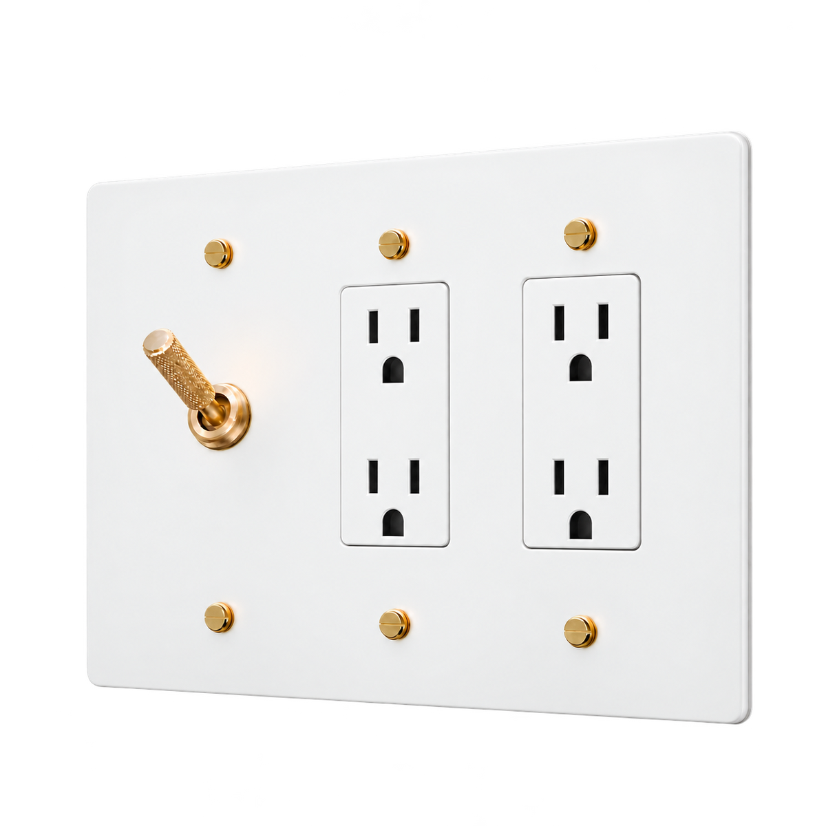 Knurled Brass Toggle & 2 Duplex Outlets Plate — 3-Gang — White
