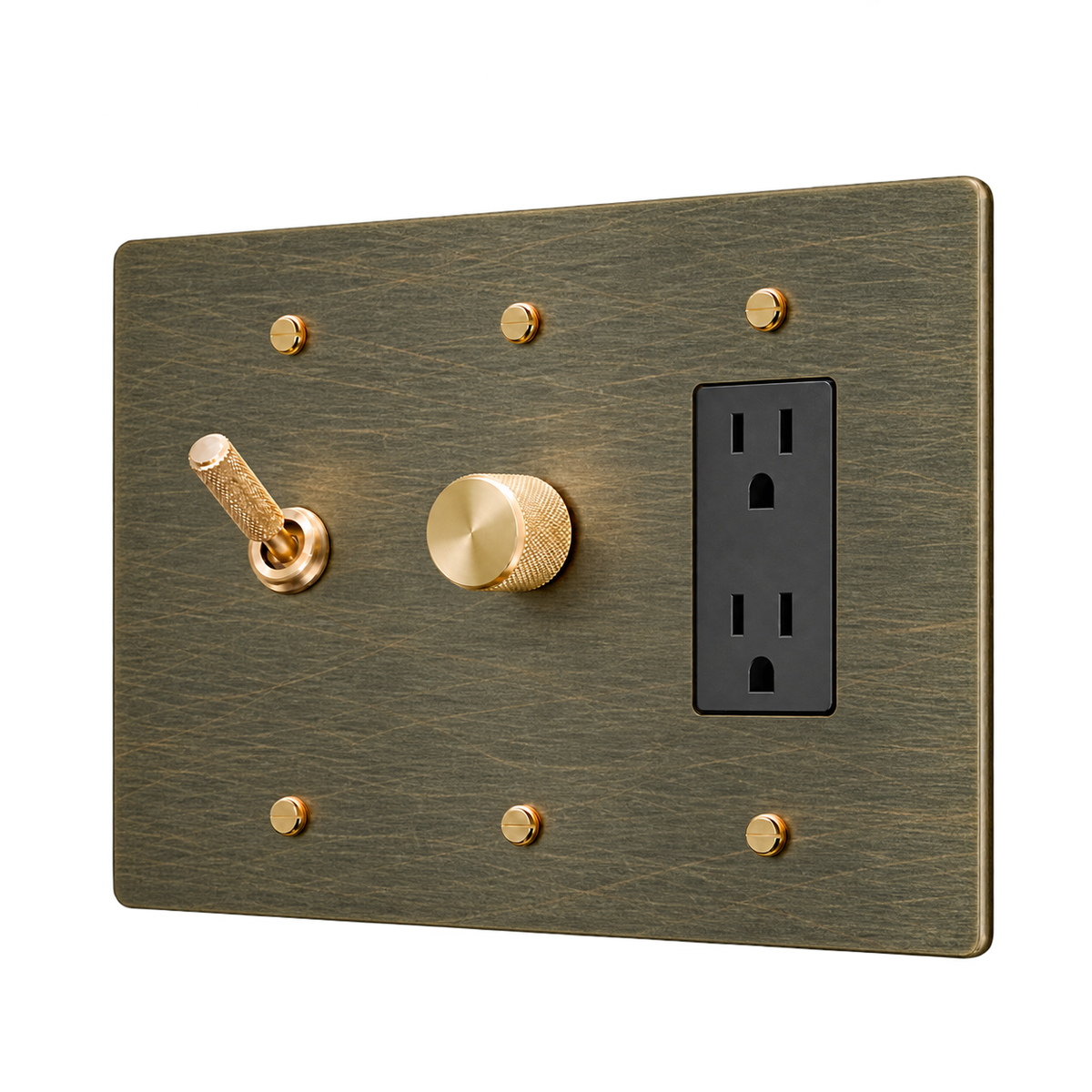 Knurled Brass Toggle, Dimmer & Duplex Outlet Plate — 3-Gang — Aged Bronze (Hand-Brushed)