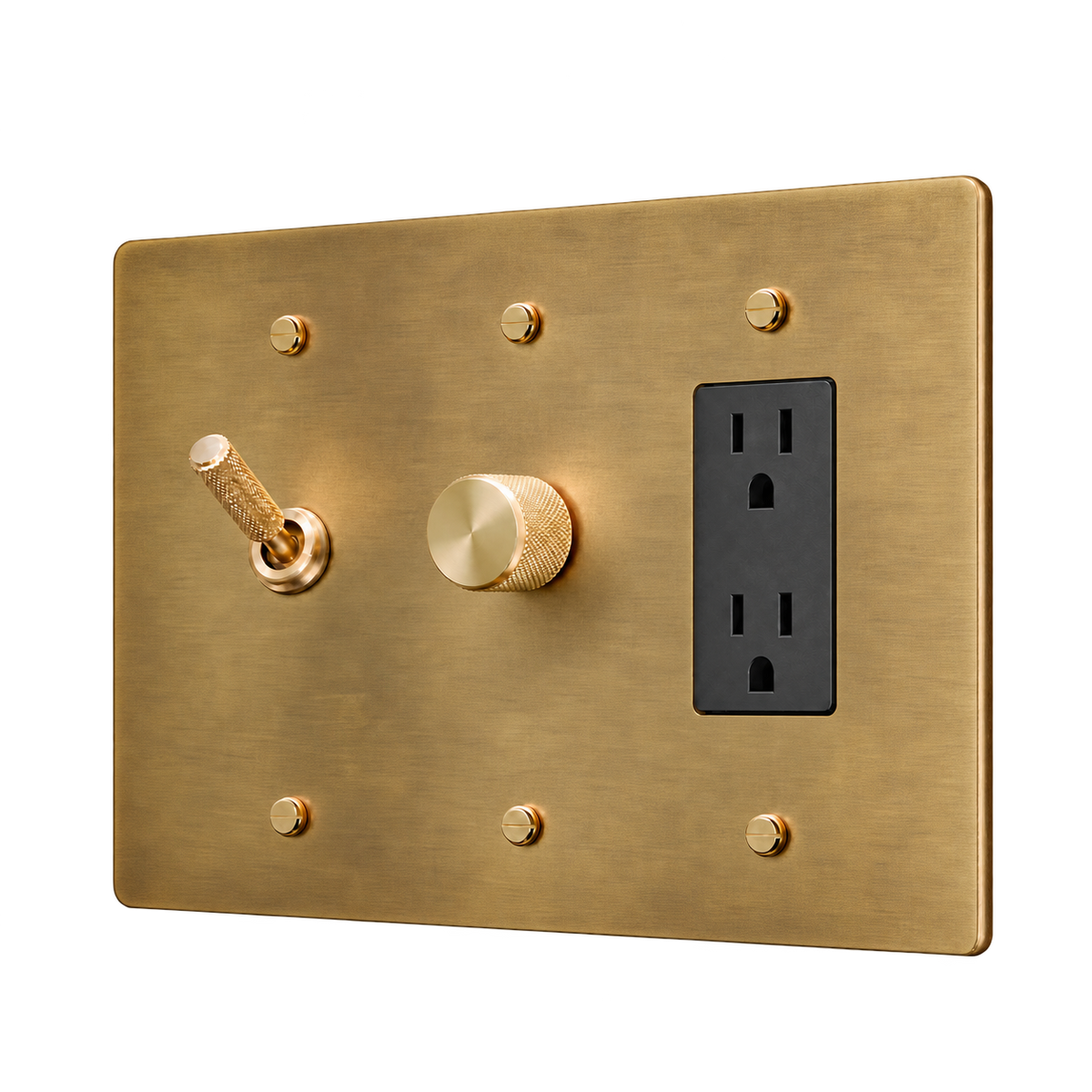 Knurled Brass Toggle, Dimmer & Duplex Outlet Plate — 3-Gang — Antique Brass (Hand-Brushed)