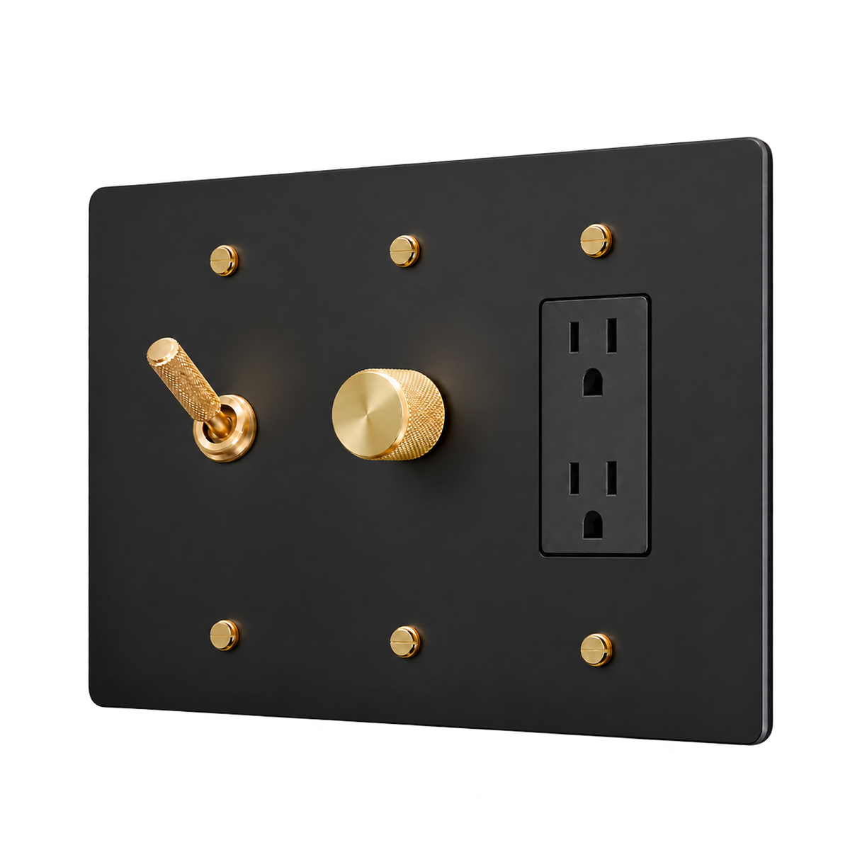 Knurled Brass Toggle, Dimmer & Duplex Outlet Plate — 3-Gang — Matte Black
