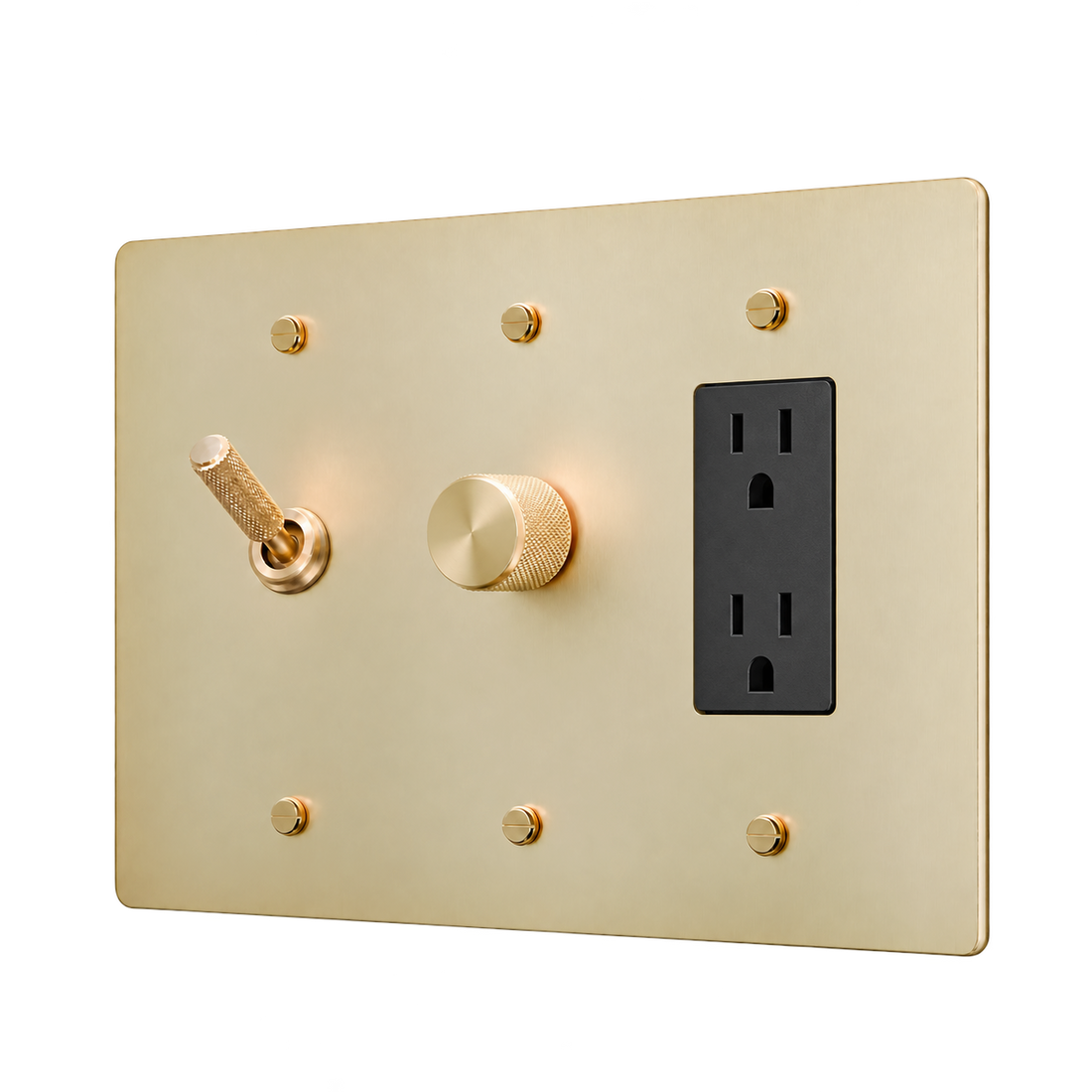 Knurled Brass Toggle, Dimmer & Duplex Outlet Plate — 3-Gang — Satin Brass