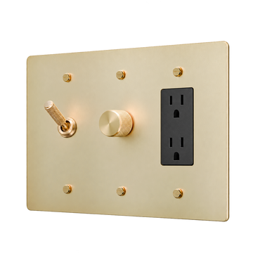 Knurled Brass Toggle, Dimmer & Duplex Outlet Plate — 3-Gang — Satin Brass