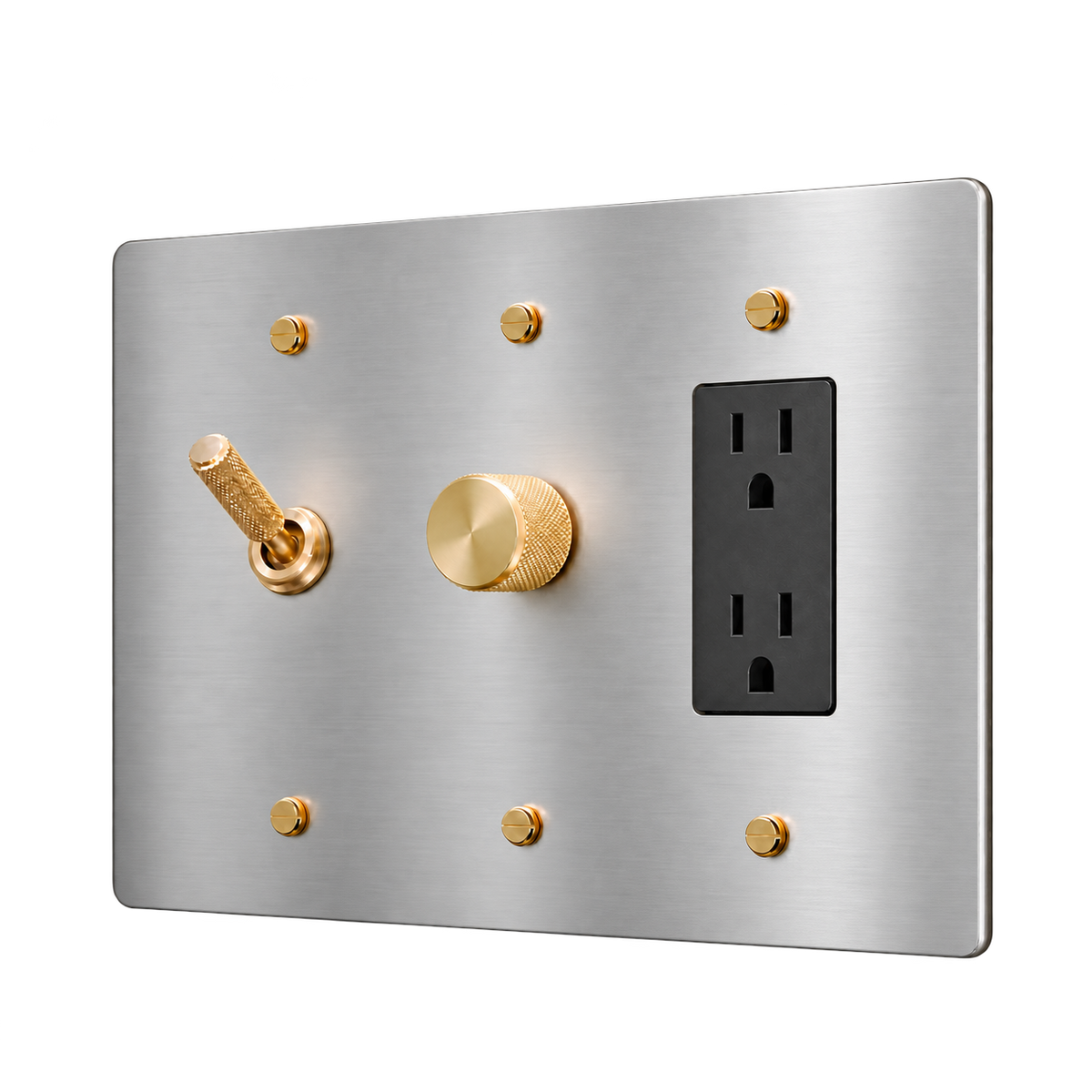 Knurled Brass Toggle, Dimmer & Duplex Outlet Plate — 3-Gang — Stainless Steel