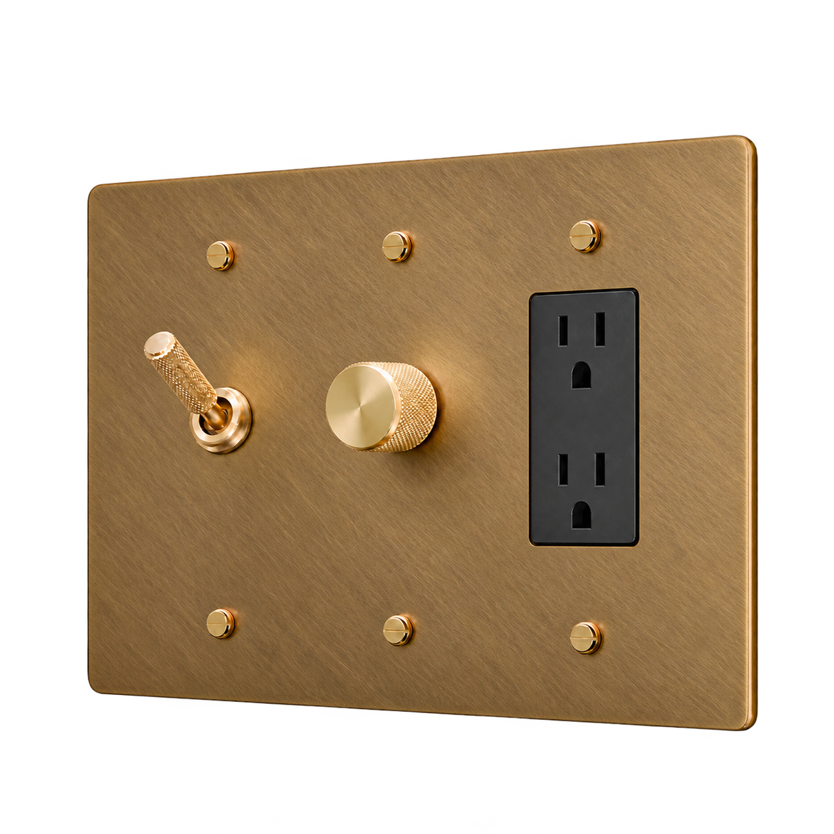 Knurled Brass Toggle, Dimmer & Duplex Outlet Plate — 3-Gang — Unlacquered Antique Brass (Hand-Brushed)