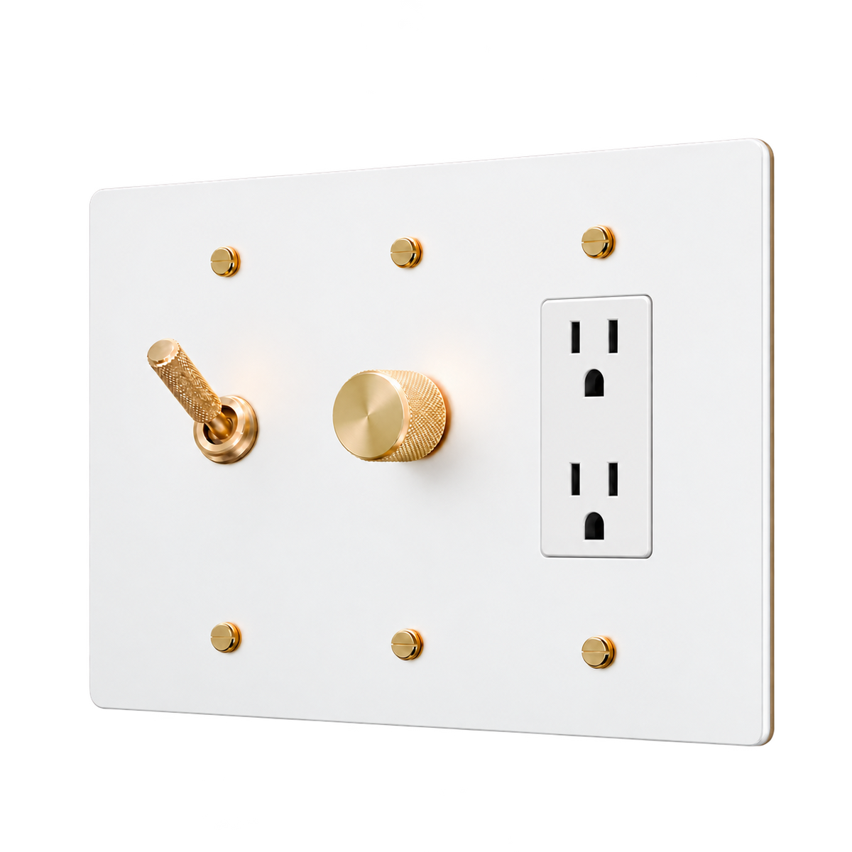 Knurled Brass Toggle, Dimmer & Duplex Outlet Plate — 3-Gang — White