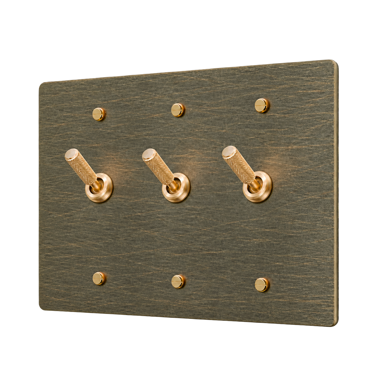 Knurled Brass Toggle Switch Plate — 3-Gang — Aged Bronze (Hand-Brushed)