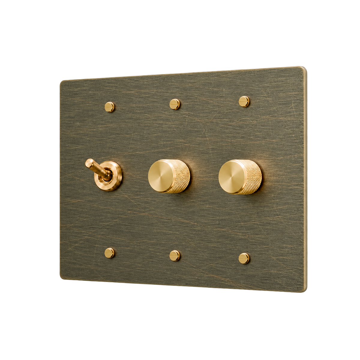 Retro Brass Toggle & 2 Dimmers Plate — 3-Gang — Aged Bronze (Hand-Brushed)