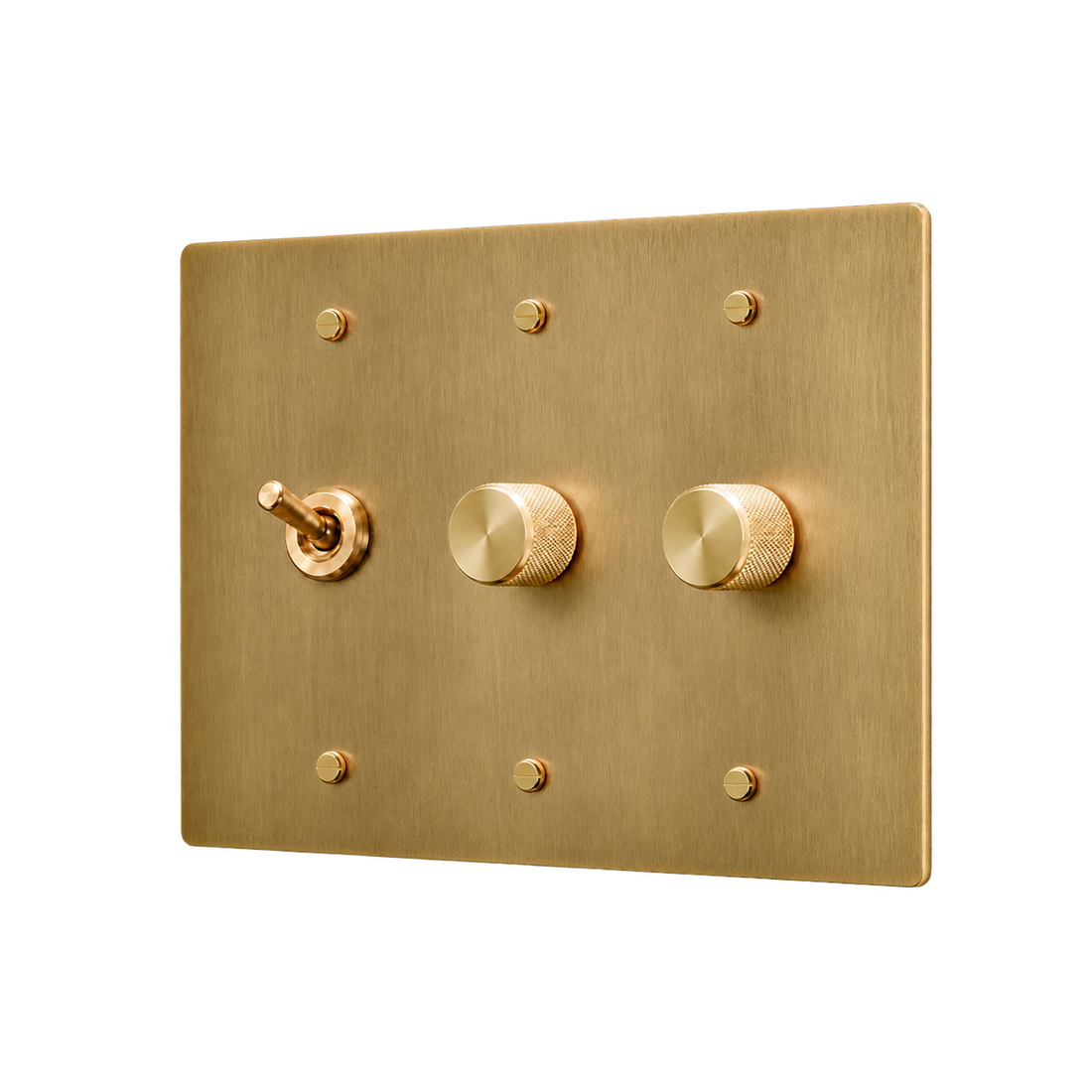 Retro Brass Toggle & 2 Dimmers Plate — 3-Gang — Satin Brass