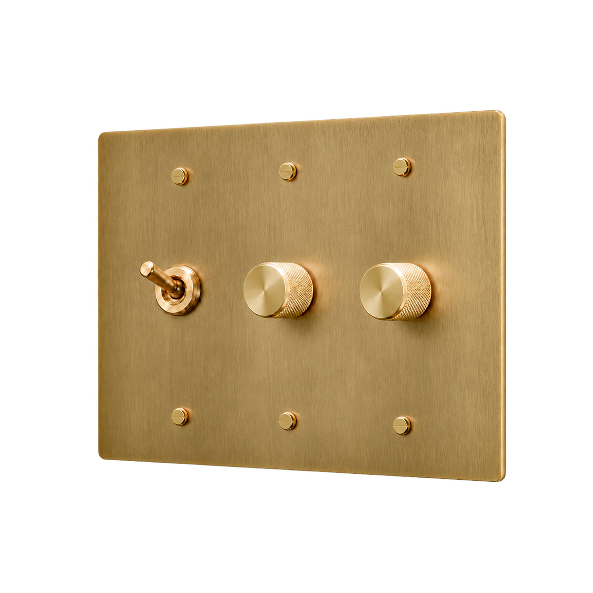 Retro Brass Toggle & 2 Dimmers Plate — 3-Gang — Antique Brass (Hand-Brushed)
