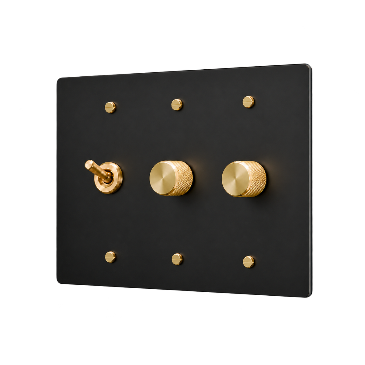 Retro Brass Toggle & 2 Dimmers Plate — 3-Gang — Matte Black