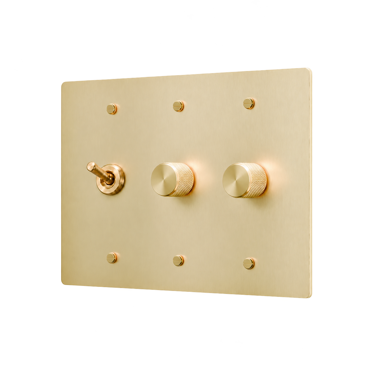 Retro Brass Toggle & 2 Dimmers Plate — 3-Gang — Satin Brass