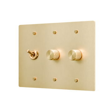 Retro Brass Toggle & 2 Dimmers Plate — 3-Gang — Satin Brass