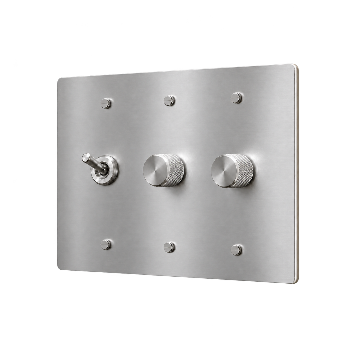 Retro Brass Toggle & 2 Dimmers Plate — 3-Gang — Stainless Steel