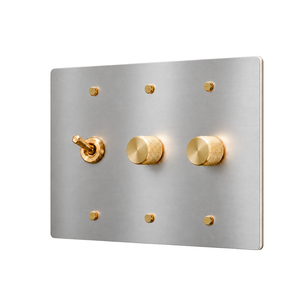 Retro Brass Toggle & 2 Dimmers Plate — 3-Gang — Stainless Steel & Brass