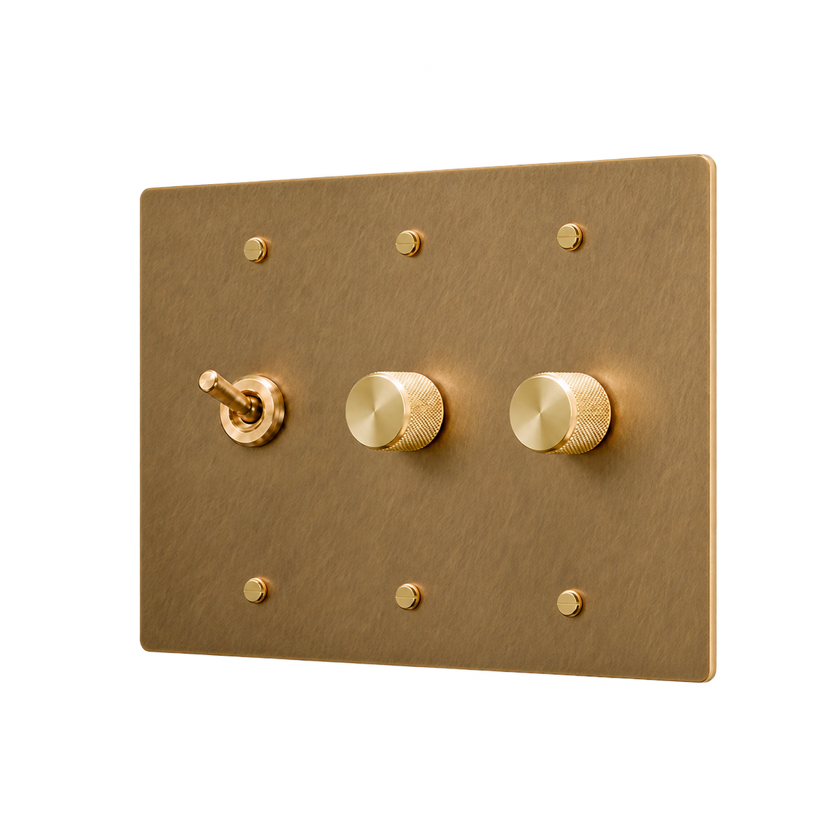 Retro Brass Toggle & 2 Dimmers Plate — 3-Gang — Unlacquered Antique Brass (Hand-Brushed)