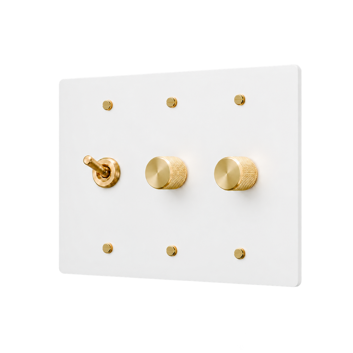 Retro Brass Toggle & 2 Dimmers Plate — 3-Gang — White