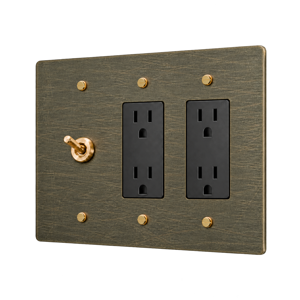 Retro Brass Toggle & 2 Duplex Outlets Plate — 3-Gang — Aged Bronze (Hand-Brushed)