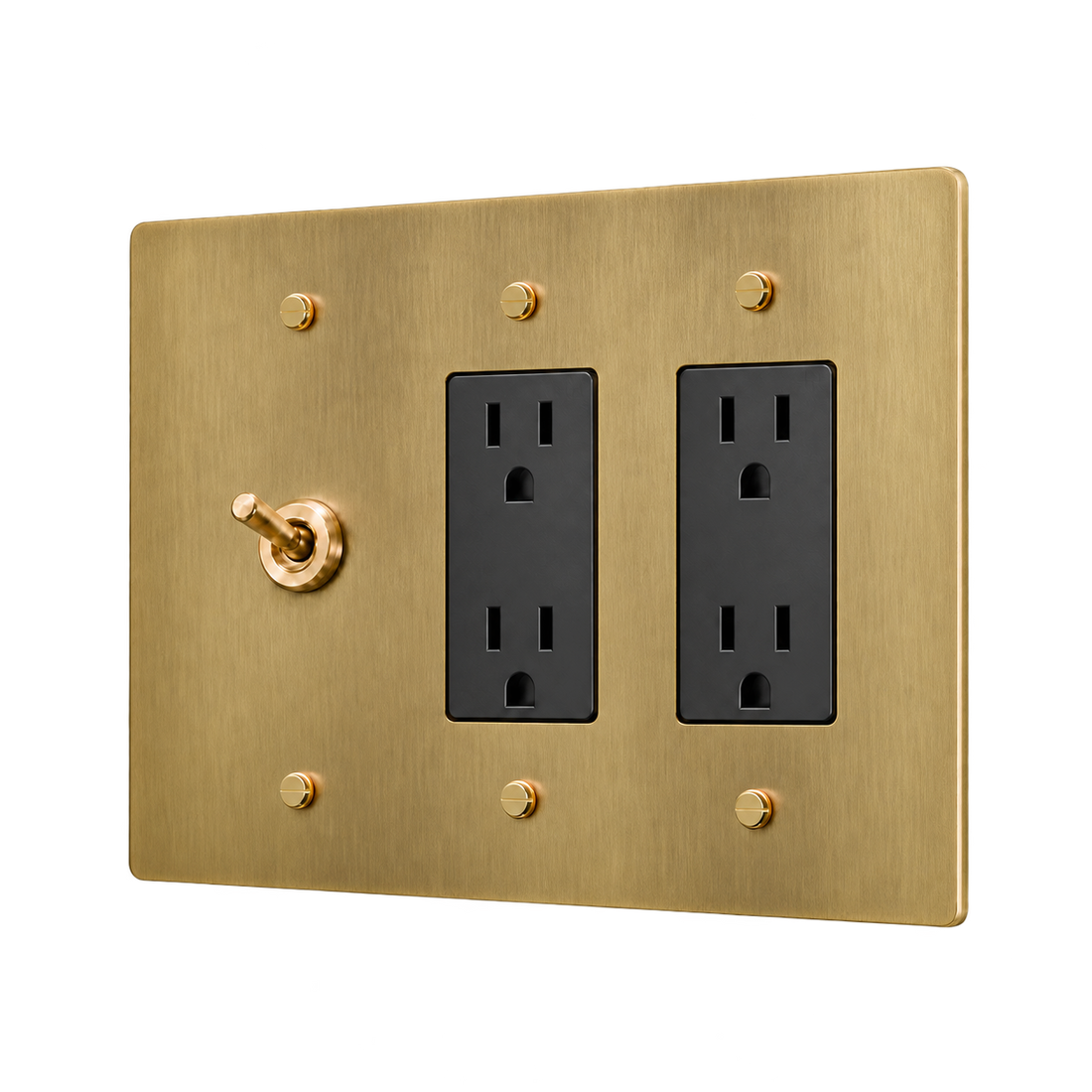 Retro Brass Toggle & 2 Duplex Outlets Plate — 3-Gang — Satin Brass