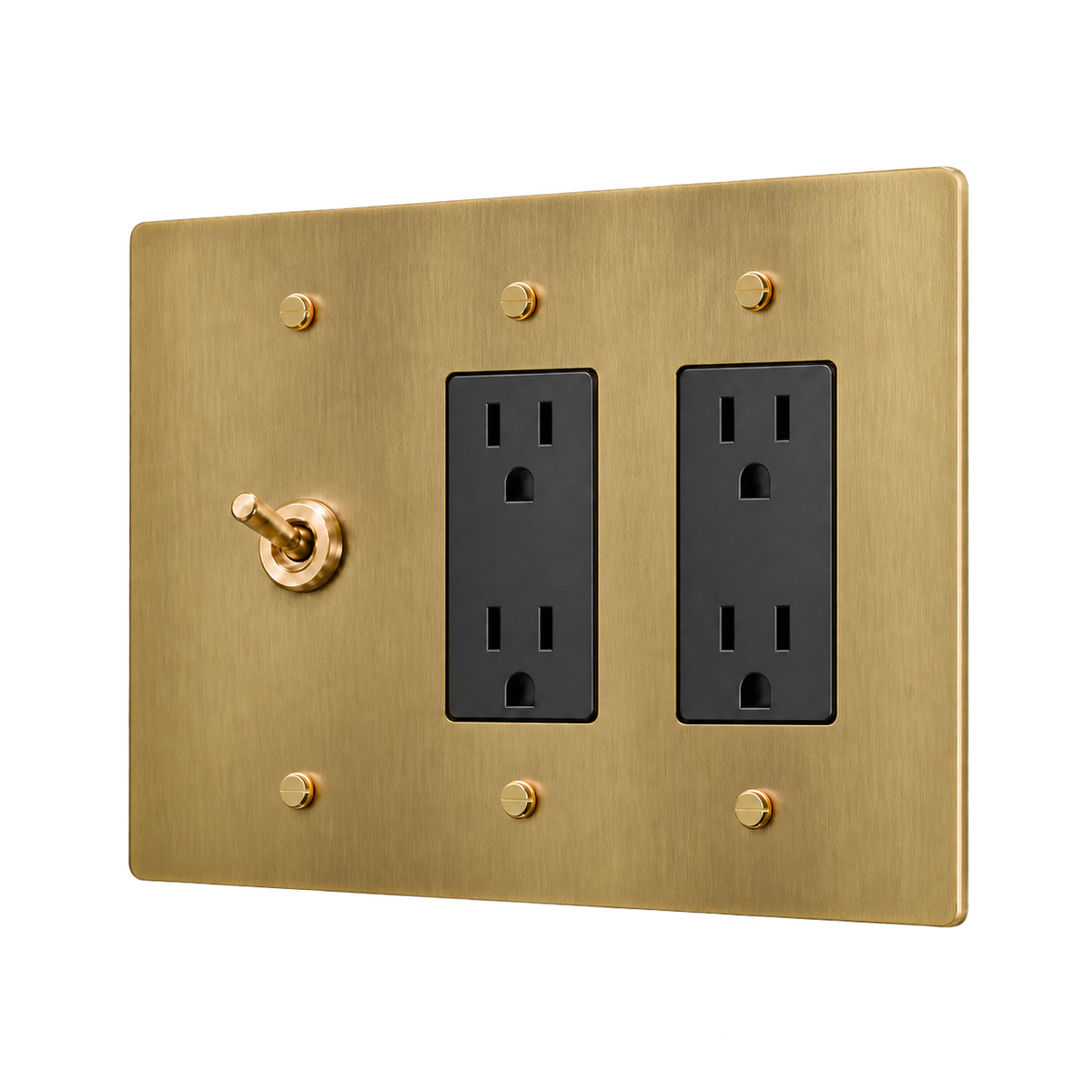 Retro Brass Toggle & 2 Duplex Outlets Plate — 3-Gang — Antique Brass (Hand-Brushed)