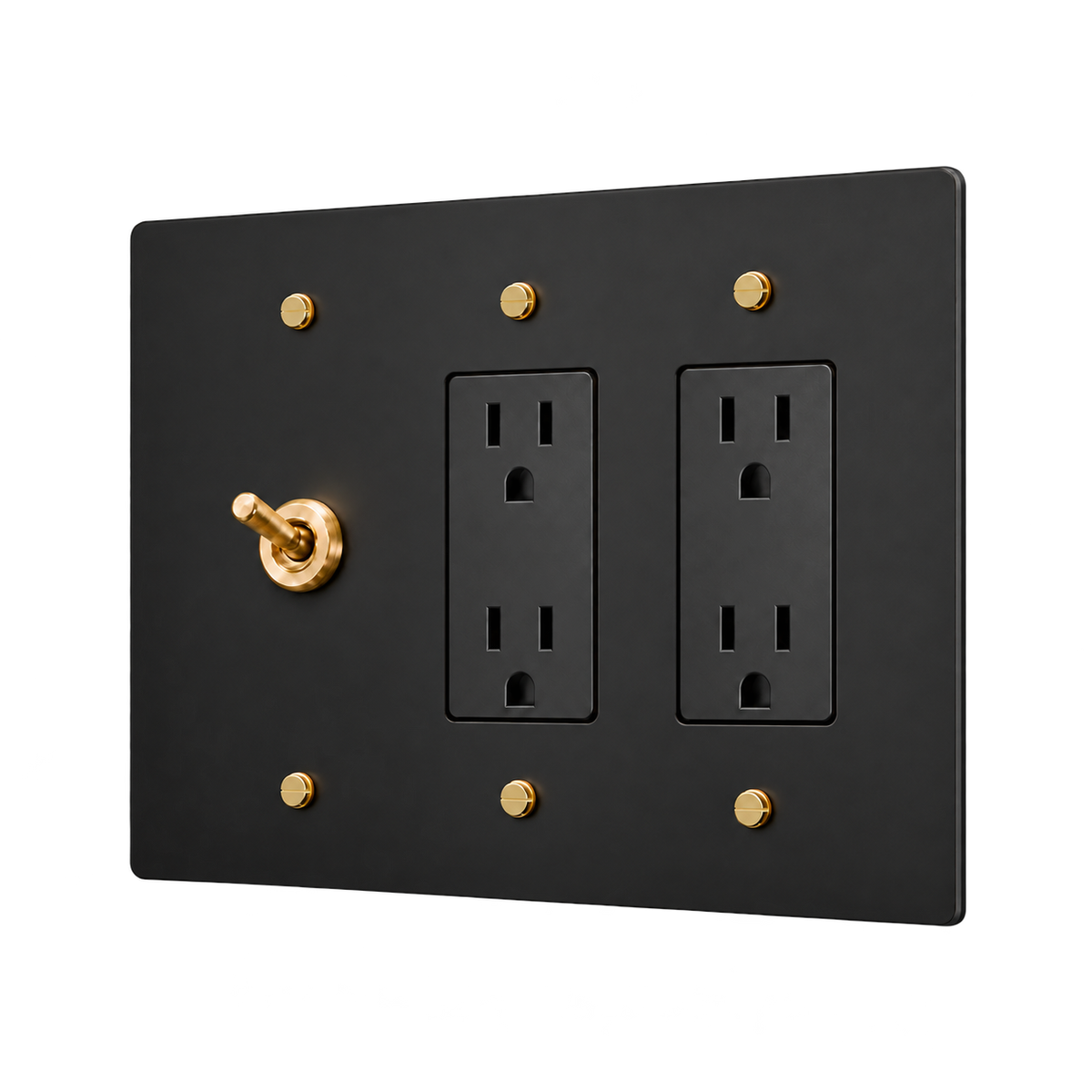 Retro Brass Toggle & 2 Duplex Outlets Plate — 3-Gang — Matte Black