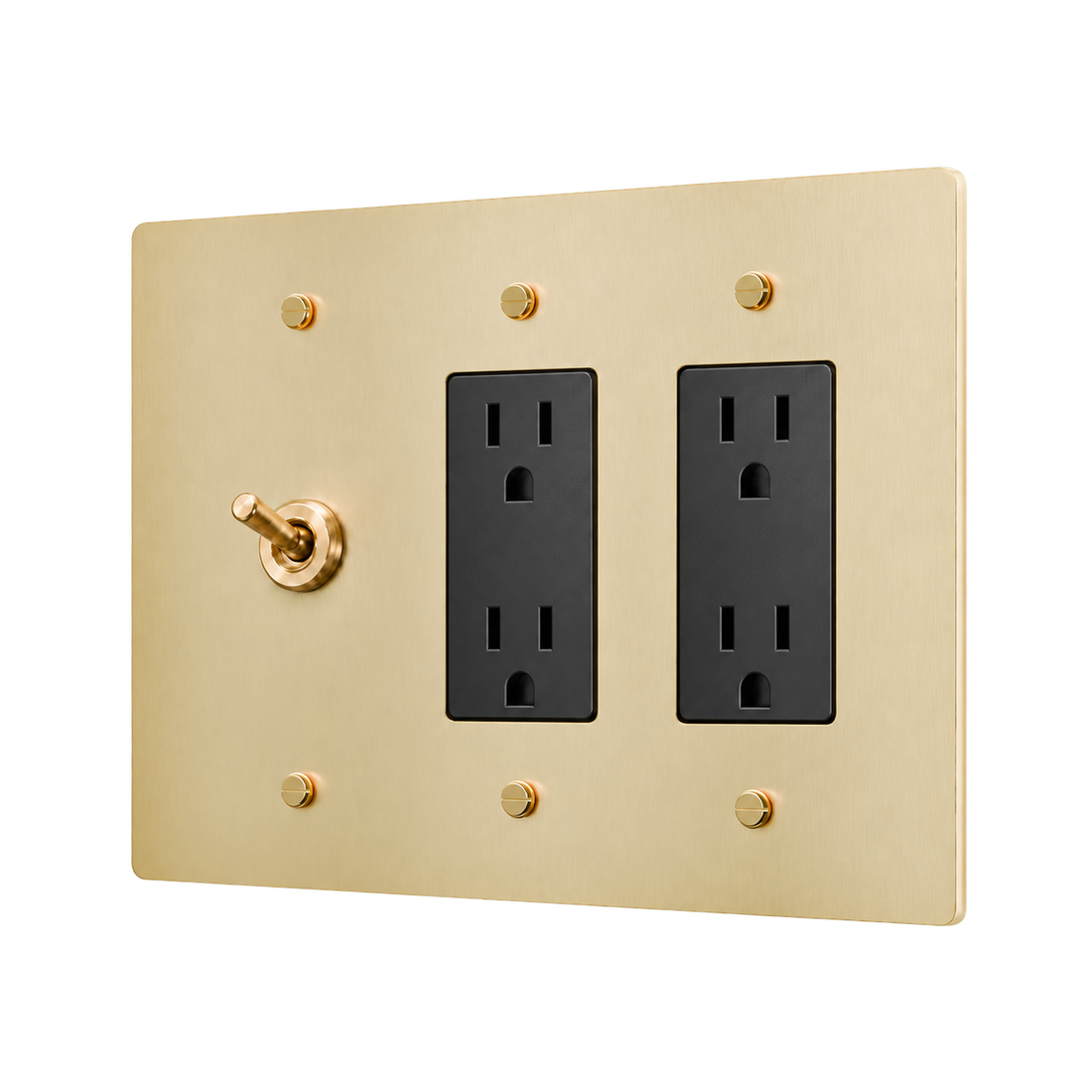 Retro Brass Toggle & 2 Duplex Outlets Plate — 3-Gang — Satin Brass