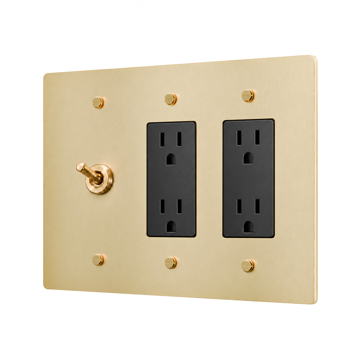 Retro Brass Toggle & 2 Duplex Outlets Plate — 3-Gang — Satin Brass