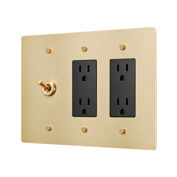 Retro Brass Toggle & 2 Duplex Outlets Plate — 3-Gang — Satin Brass