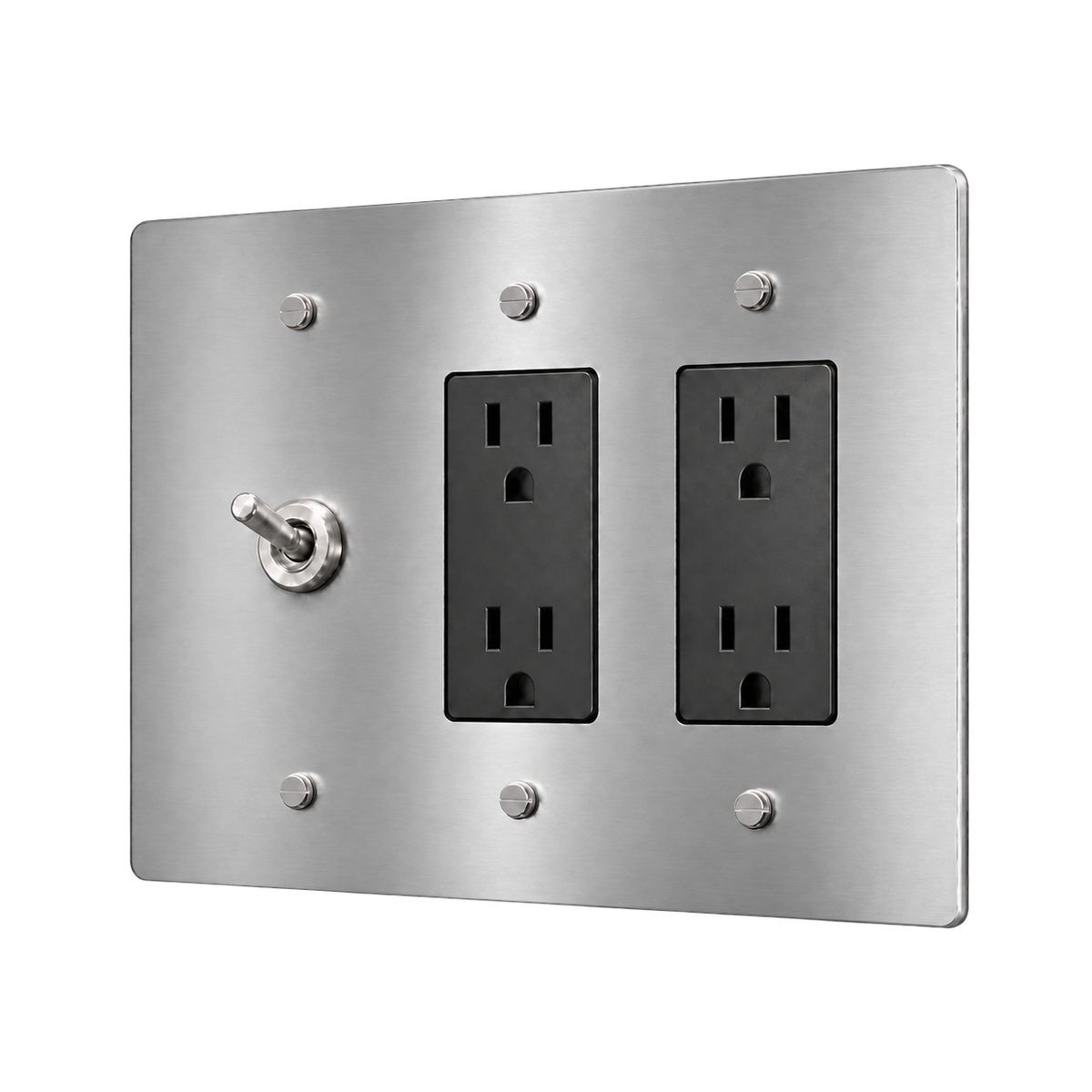 Retro Brass Toggle & 2 Duplex Outlets Plate — 3-Gang — Stainless Steel