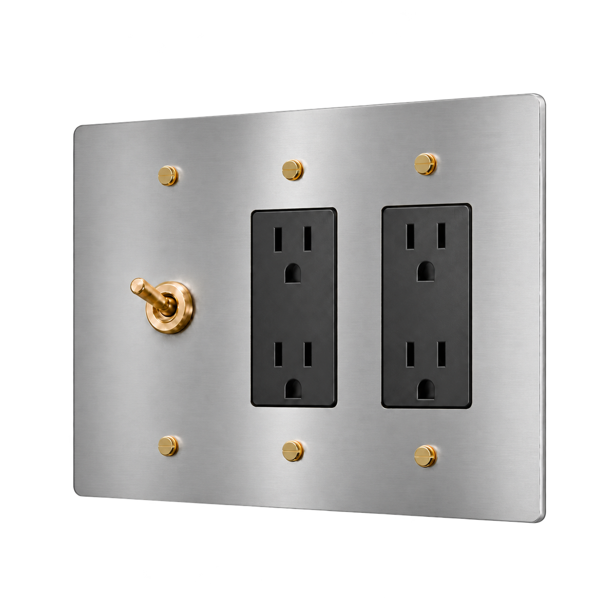 Retro Brass Toggle & 2 Duplex Outlets Plate — 3-Gang — Stainless Steel & Brass