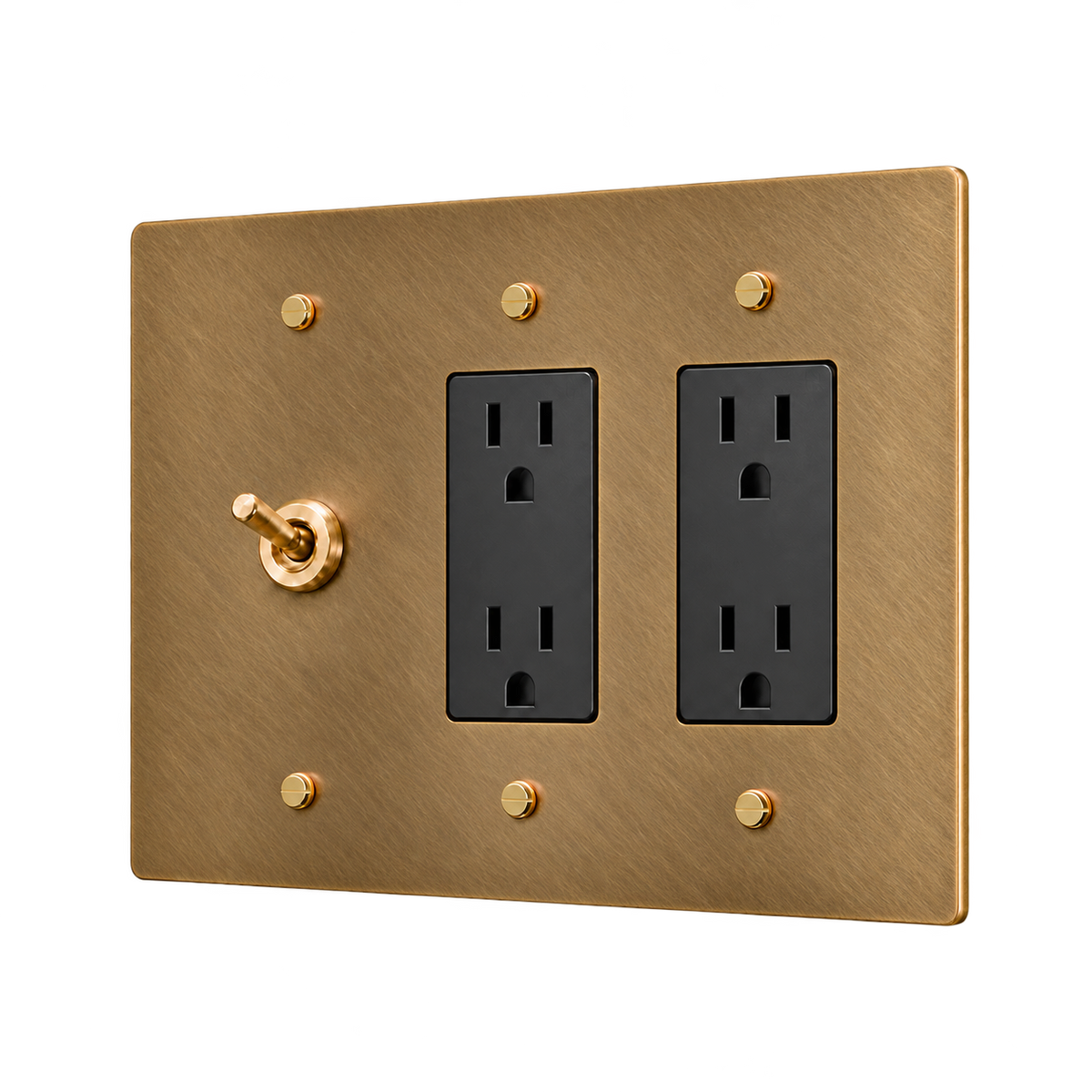 Retro Brass Toggle & 2 Duplex Outlets Plate — 3-Gang — Unlacquered Antique Brass (Hand-Brushed)