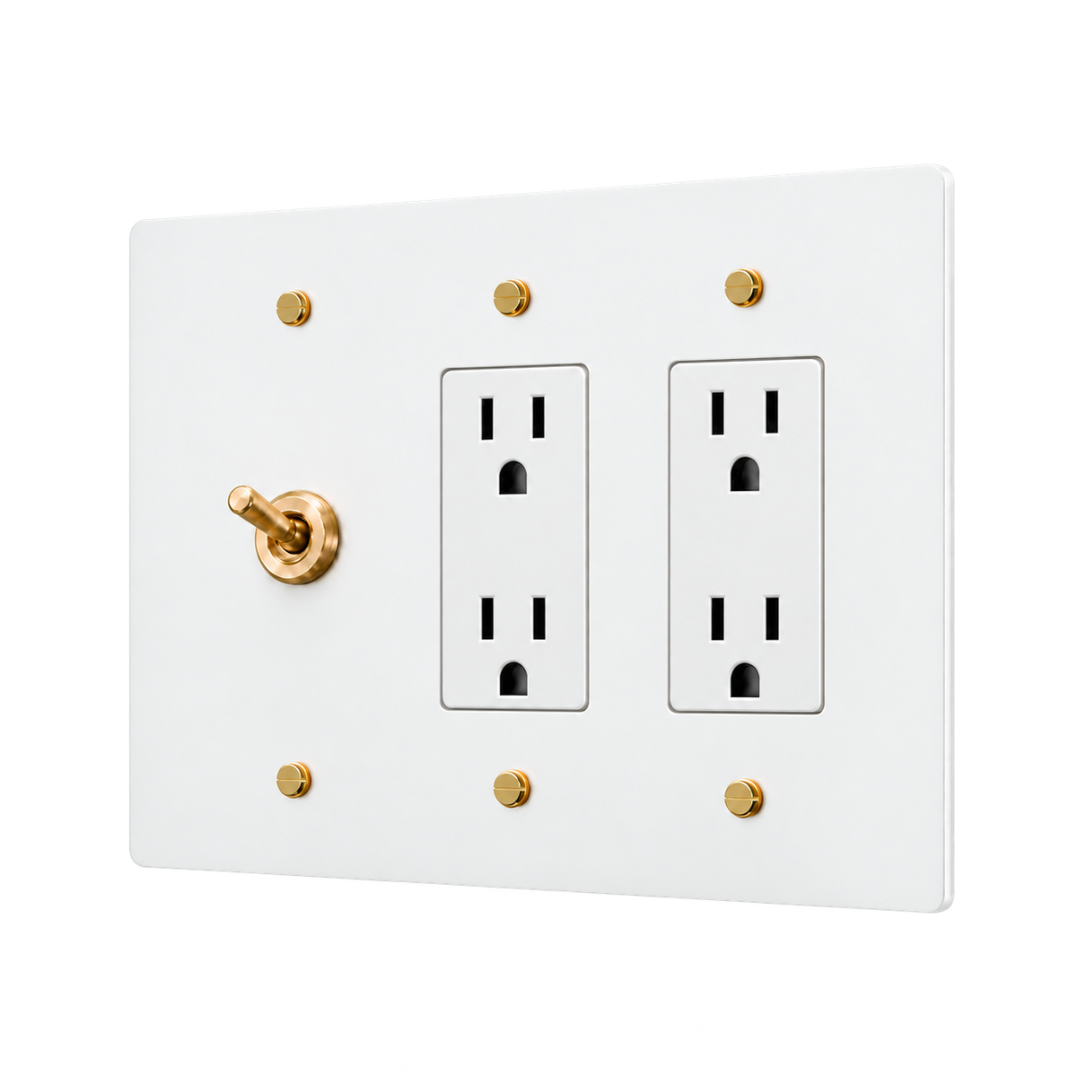 Retro Brass Toggle & 2 Duplex Outlets Plate — 3-Gang — White