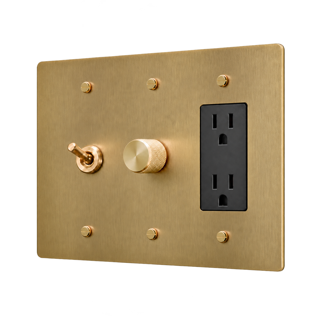 Retro Brass Toggle, Dimmer & Duplex Outlet Plate — 3-Gang — Satin Brass