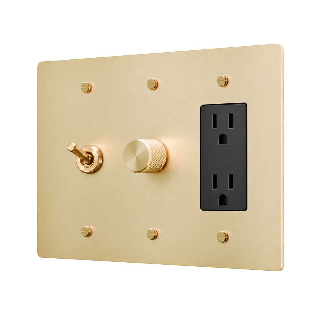 Retro Brass Toggle, Dimmer & Duplex Outlet Plate — 3-Gang — Satin Brass