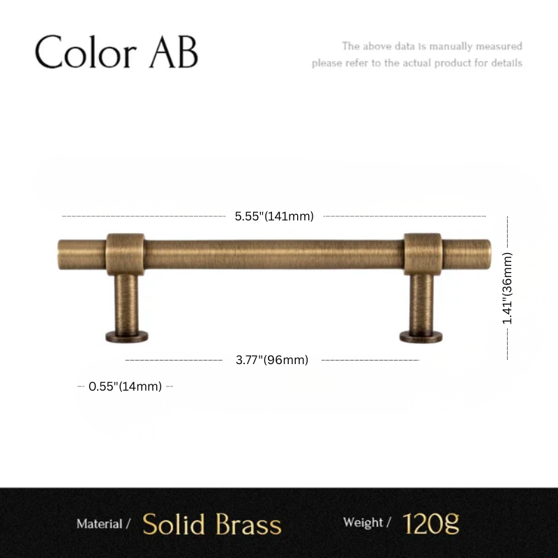 Measurement chart of a solid brass cabinet handle with dimensions and material details.